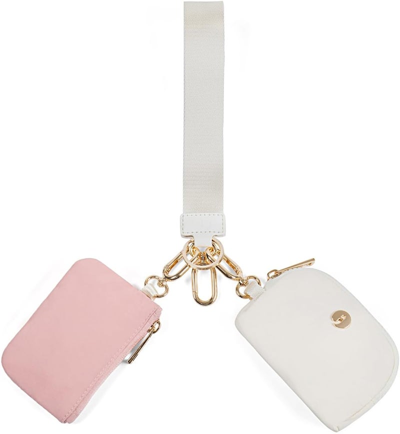 JEEBURYEE Dual Pouch Wristlet Keychain Wallets for Women with 2 Detachable Zipper Coin Purse - Small and Portable Mini Card Wallet for Women Men Gold Hardware Pink+Ivory - Image 1